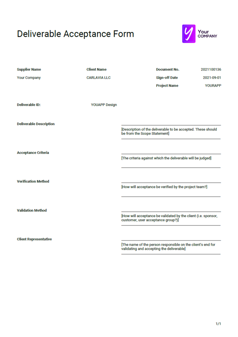 A Deliverable Acceptance Form template