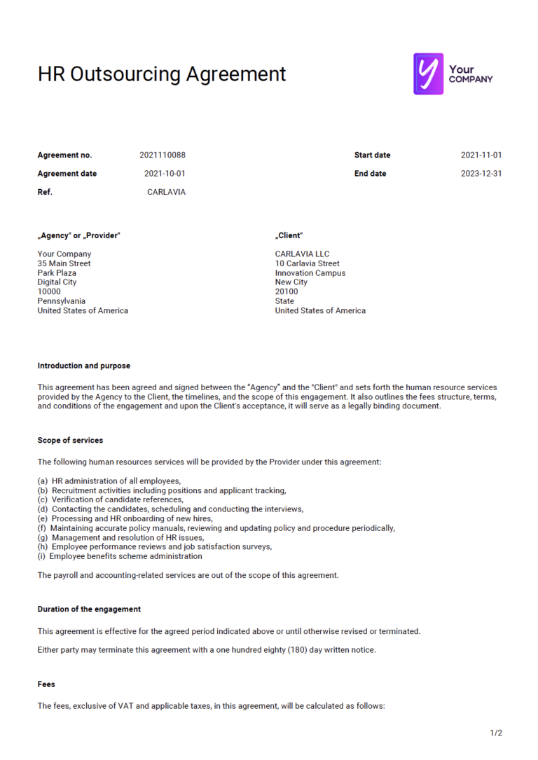 A HR Outsourcing Agreement template