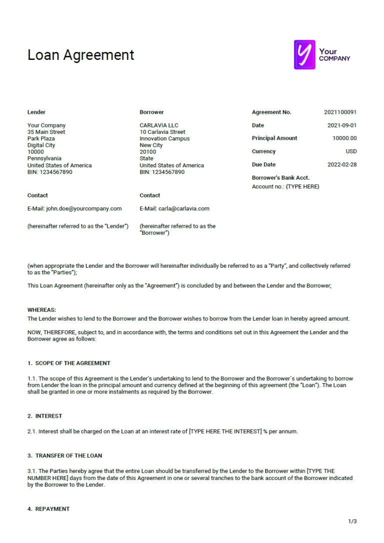 A Loan Agreement template