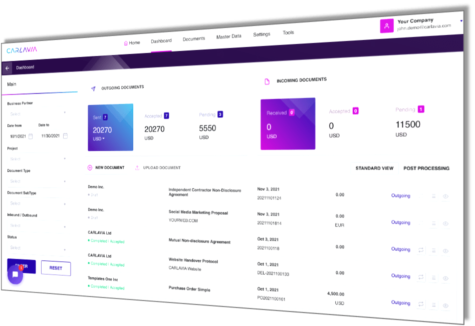 CARLAVIA document and transaction dashboard