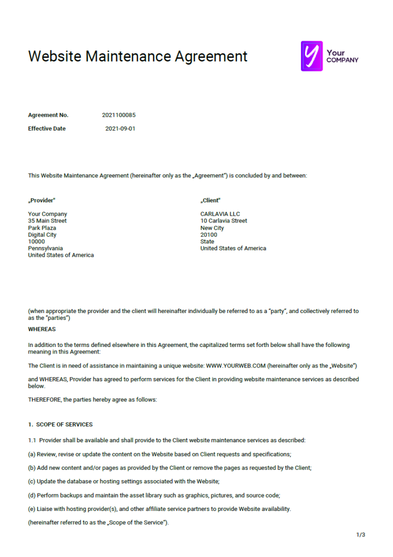 A Website Maintenance Agreement template